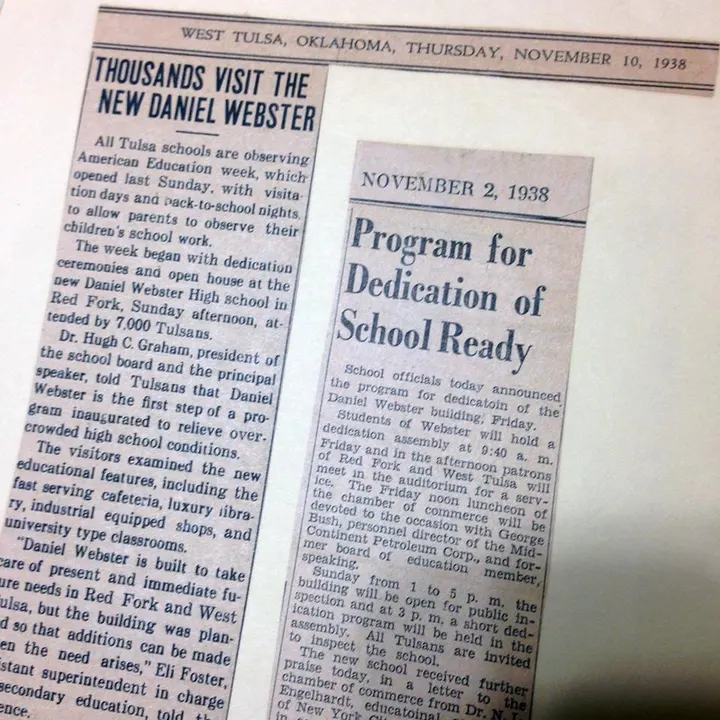 Two newspaper clippings about the dedication of the new Daniel Webster school.