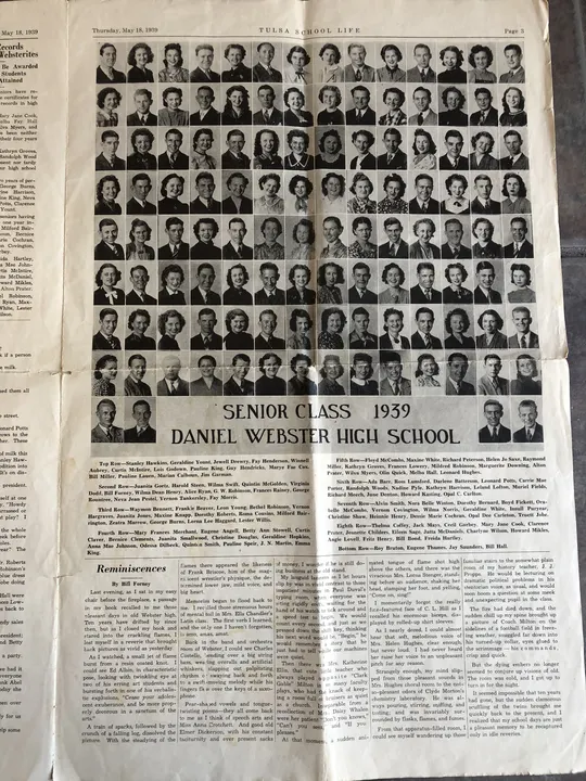 Photographed newspaper page: the senior class of 1939.