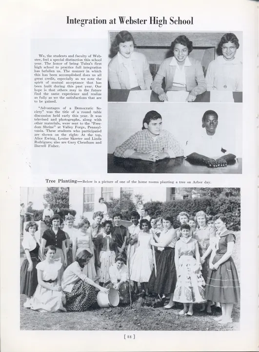 Yearbook page headed Integration at Webster High School, with student photographs and a separately captioned tree-planting photograph below.
