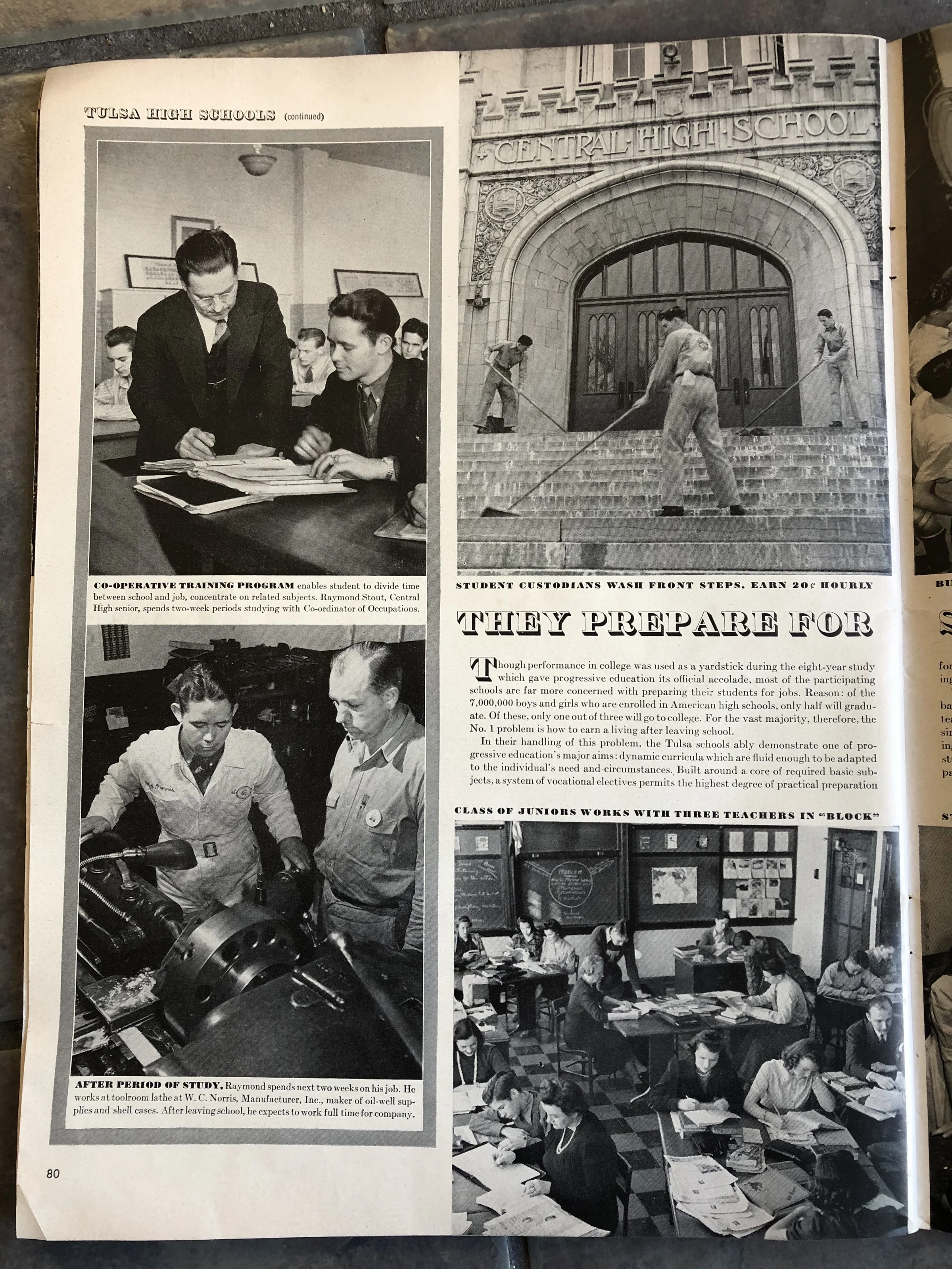 LIFE article page showing Central High School’s entrance and students in school and job-training settings.